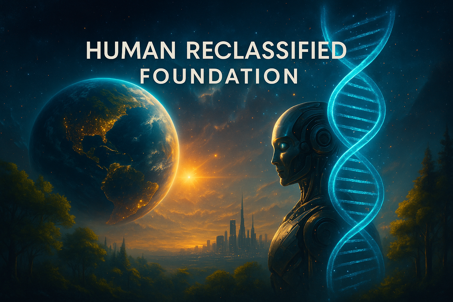 Futuristic digital art of Earth, AI, DNA strand, and glowing skyline representing Human Reclassified Foundation's vision